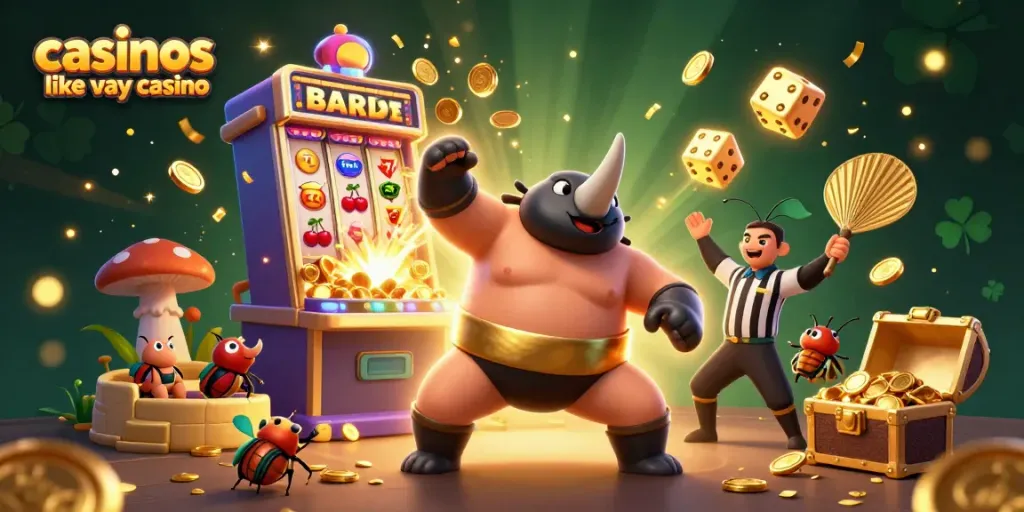 Experience casinos like yay casino with a vibrant 3D scene of a rhinoceros beetle champion amidst flying coins and slot machines.