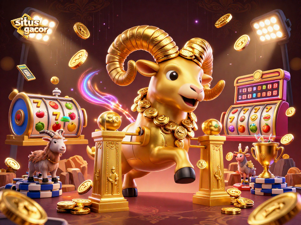 Menghadapi keberuntungan di situs gacor dengan karakter ram emas besar yang beraksi di arena perjudian.