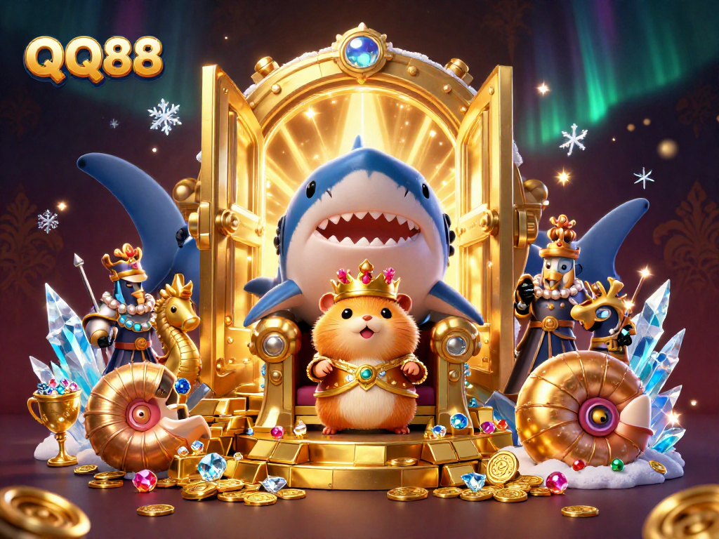 Experience QQ88 with vibrant treasures amid a 3D casino illustration featuring a golden hamster king.
