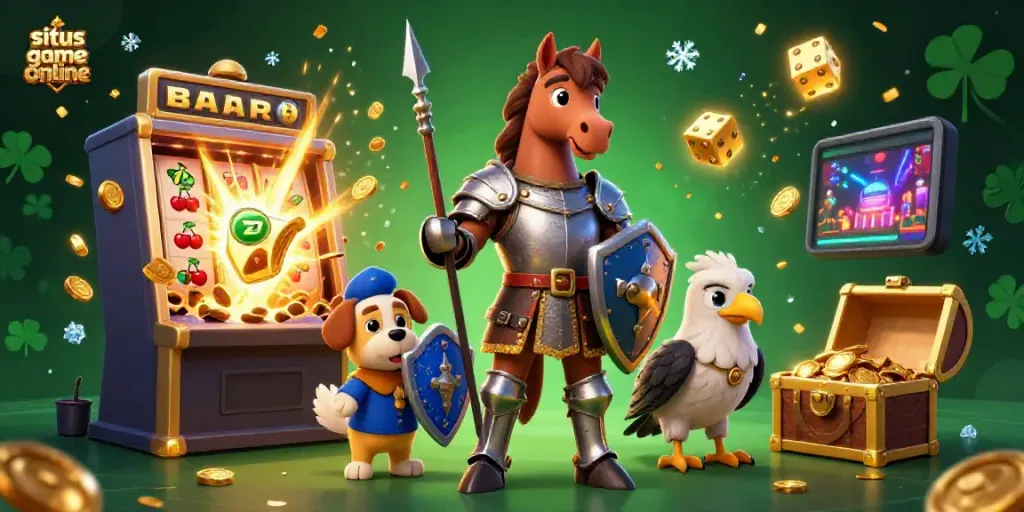 Experience thrilling adventures on situs game online with a 3D knight, puppy, and slot machine bursting with jackpots.