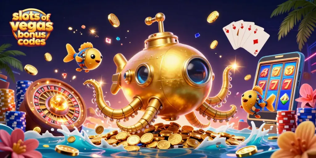 Experience slots of vegas bonus codes with a vibrant 3D illustration featuring a kraken submarine and casino elements.