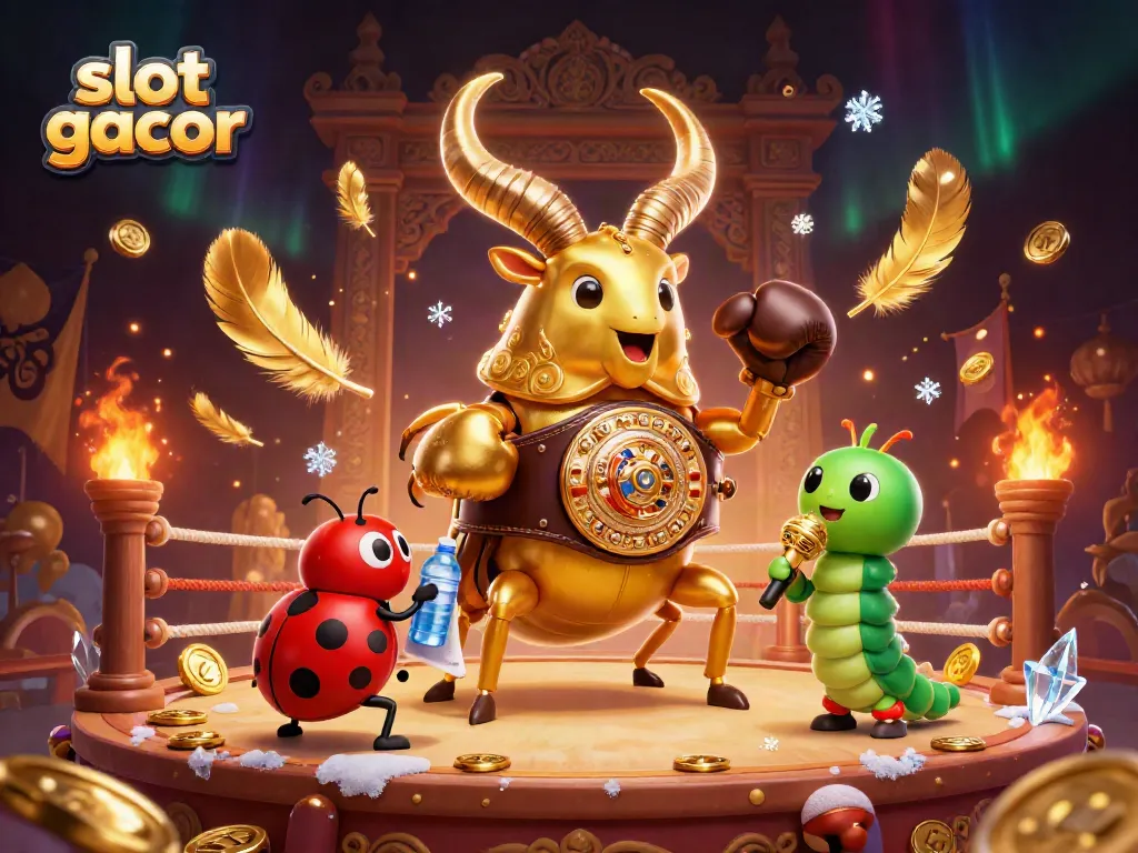 Ilustrasi slot gacor menunjukkan karakter unik di arena pertandingan kasino dengan efek api.