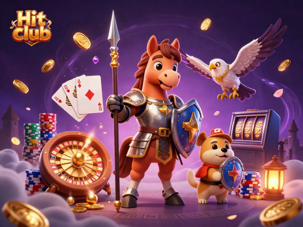 Experience thrilling wins at Hit club with a 3D casino scene featuring knights and treasures.