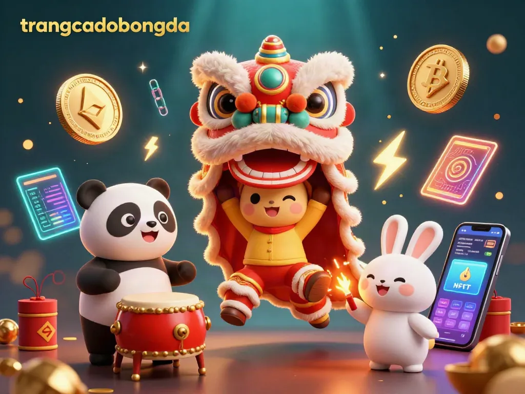 Engage with trangcadobongda through an exciting 3D illustration showcasing a festive lion dance alongside vibrant crypto elements.