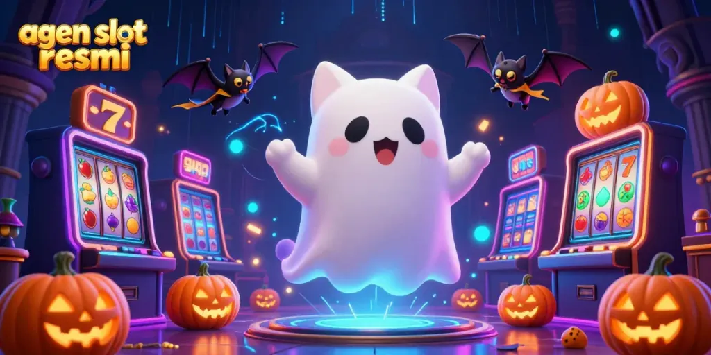 Rasakan sensasi bermain di agen slot resmi dengan kucing hantu dan simbol slot berkilau.