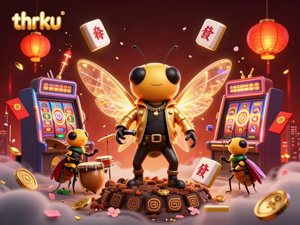 Thrku vibrant casino scene showcasing a cicada rock star and beetle drummer amidst engaging gaming elements.