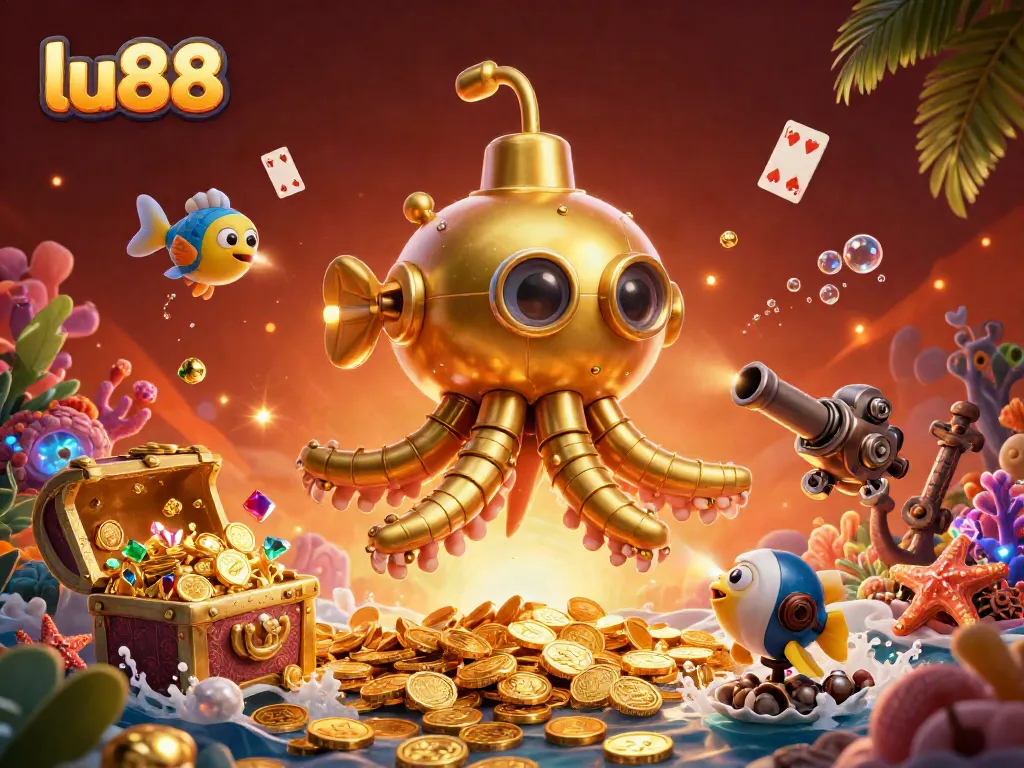 Experience exciting gameplay at lu88 with a golden kraken submarine amidst a treasure-filled ocean.