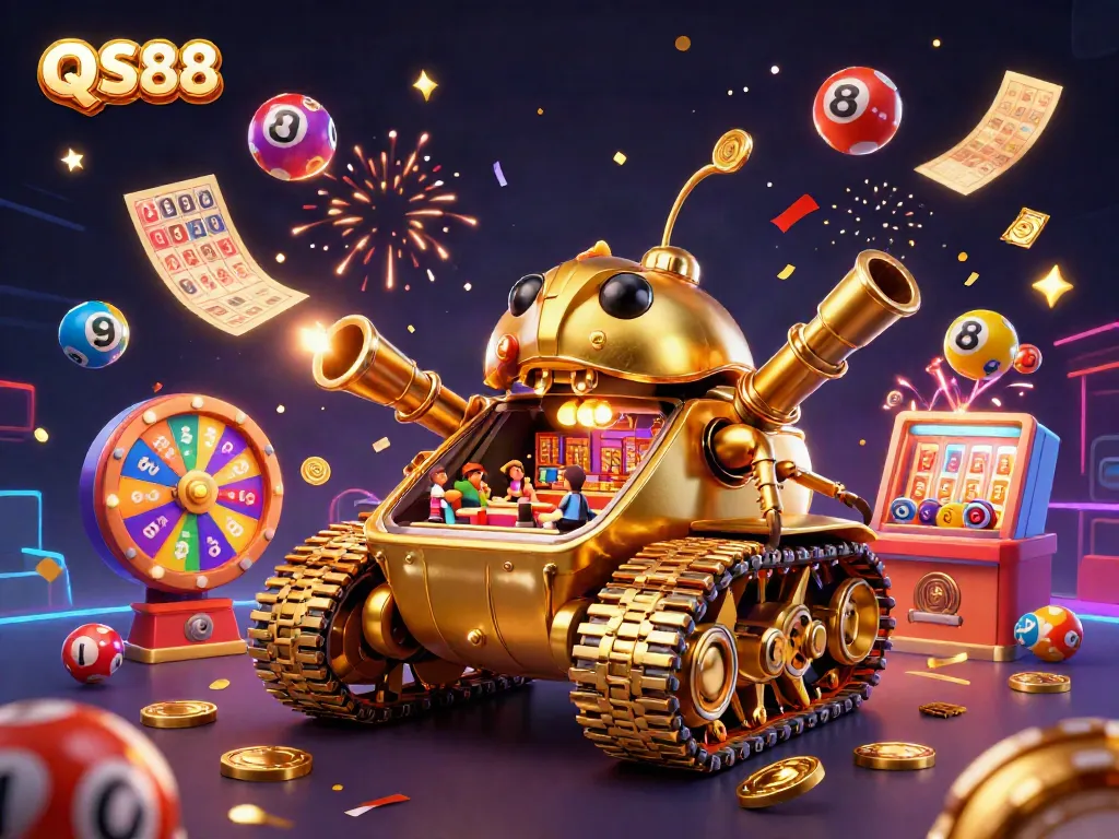 Experience the vibrant and dynamic world of QS88 casino with a golden beetle tank revealing a miniature casino.