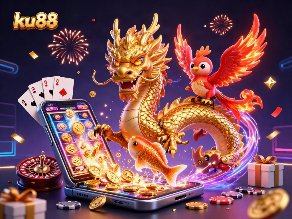 Experience exciting wins at ku88 with a fierce dragon, phoenix, and koi fish under a cascade of coins.