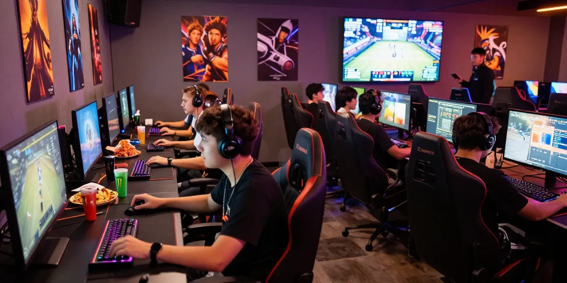 Engaged gamers discussing situs toto strategies in a vibrant gaming cafe.
