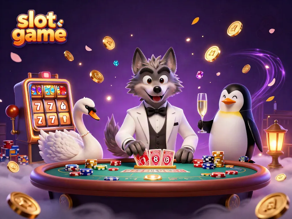 Slot game yang menampilkan karakter kartun 3D di meja baccarat dengan mahakarya kasino yang dinamis dan berkilau.