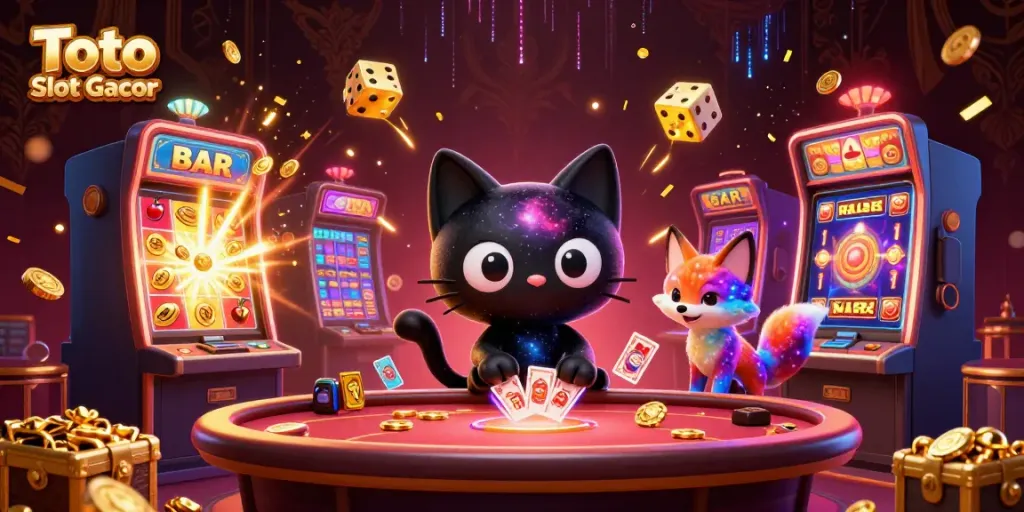 Toto Slot Gacor menarik perhatian dalam ilustrasi kasino bertema luar angkasa dengan kucing hitam dan rubah nebula