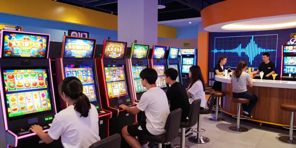 Players enjoying slot gacor hari ini in a vibrant arcade atmosphere with colorful games and lively environment.