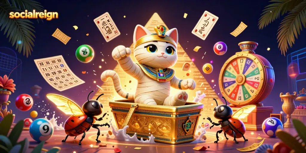 Win big with socialreign's creative mummy cat casino adventure featuring colorful lottery elements!