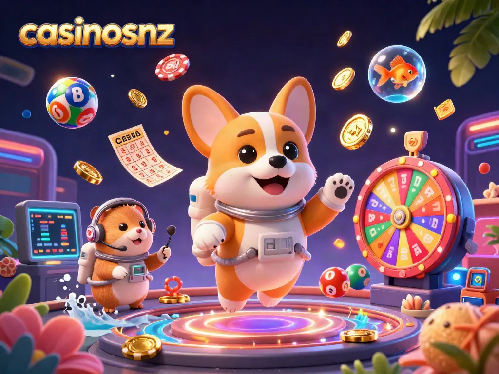 Engage with casinosnz in an exciting space-themed casino adventure featuring vibrant games and characters.