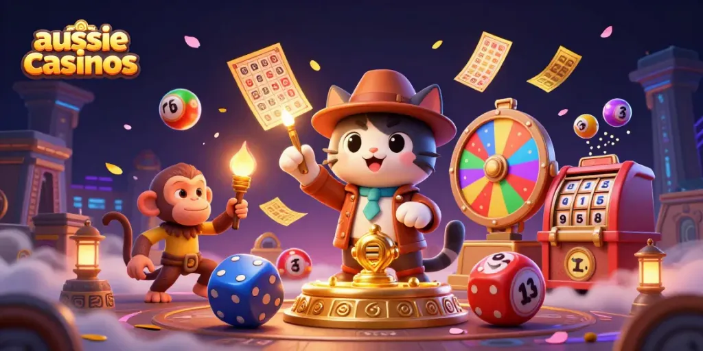 Engage with aussie casinos through a vibrant illustration of a cat explorer discovering treasures.