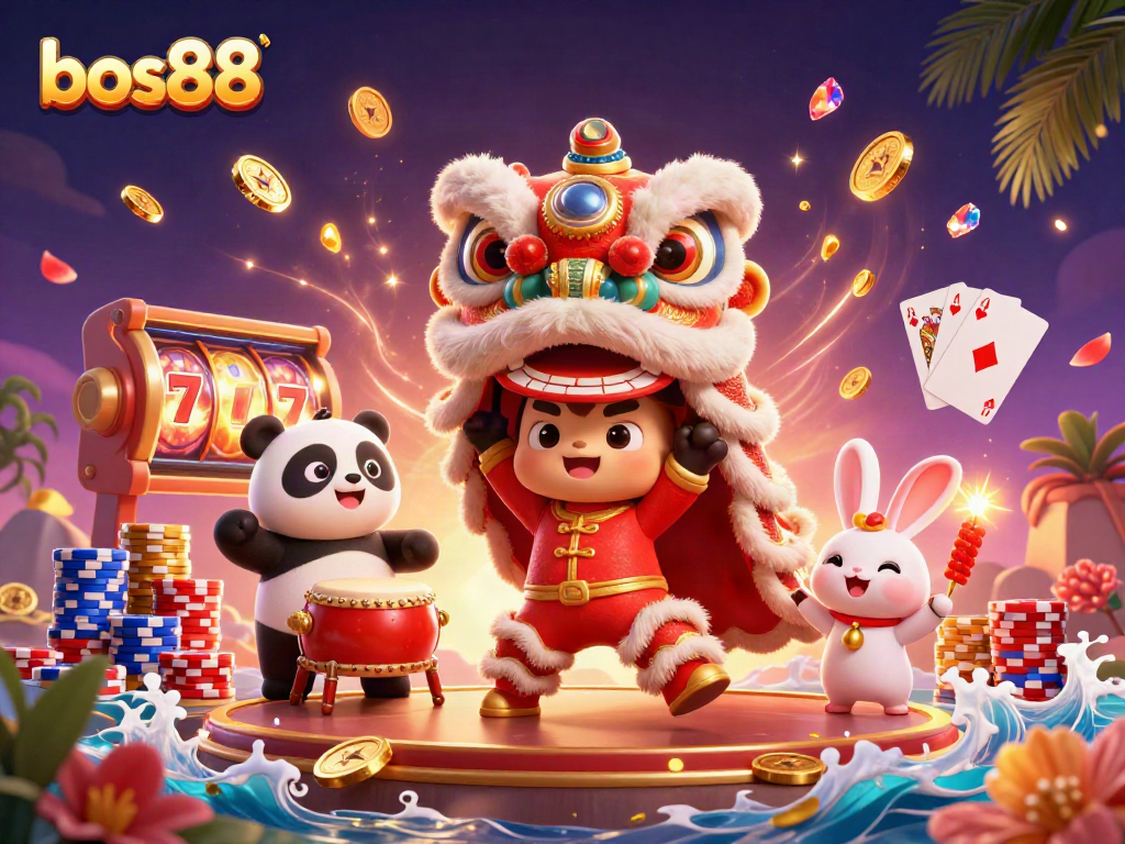 bos88 merayakan keberuntungan di kasino dengan karakter lucu, uang emas, dan mesin slot menawan.