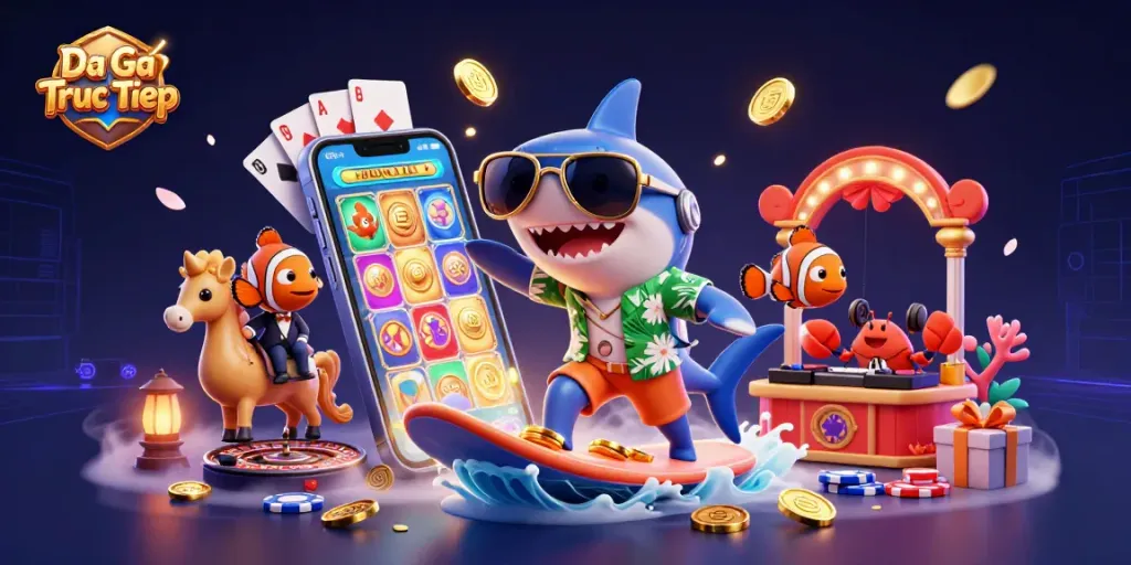 Engage with Da Ga Truc Tiep as a shark surfs gold coins amidst vibrant casino-themed action.