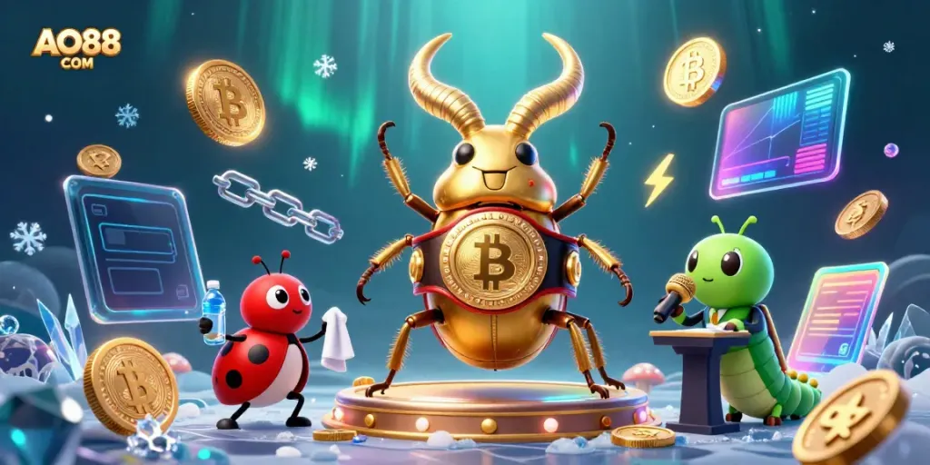 Engaging scene showcasing AO88 COM with a giant stag beetle in boxing gear, surrounded by neon crypto elements.