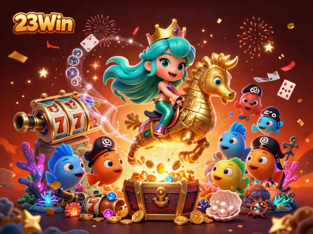 Experience thrilling gaming adventures with 23Win's captivating casino scene featuring vibrant characters.