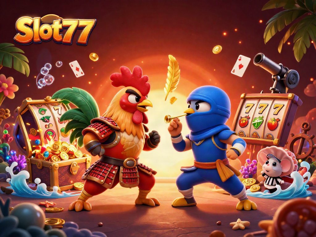 Engage with Slot777’s exciting slot reels showcasing a colorful clash between fighting roosters.