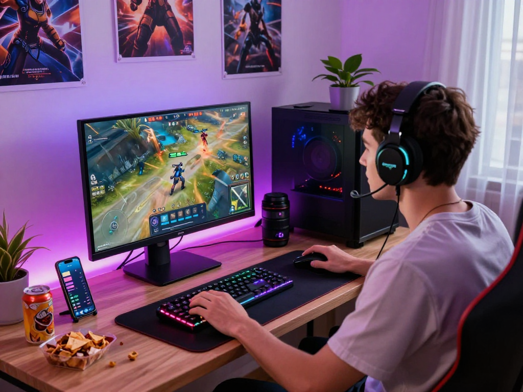 Pengaturan gaming modern dengan bos88, pemain muda fokus pada layar monitor dengan suasana dinamis.