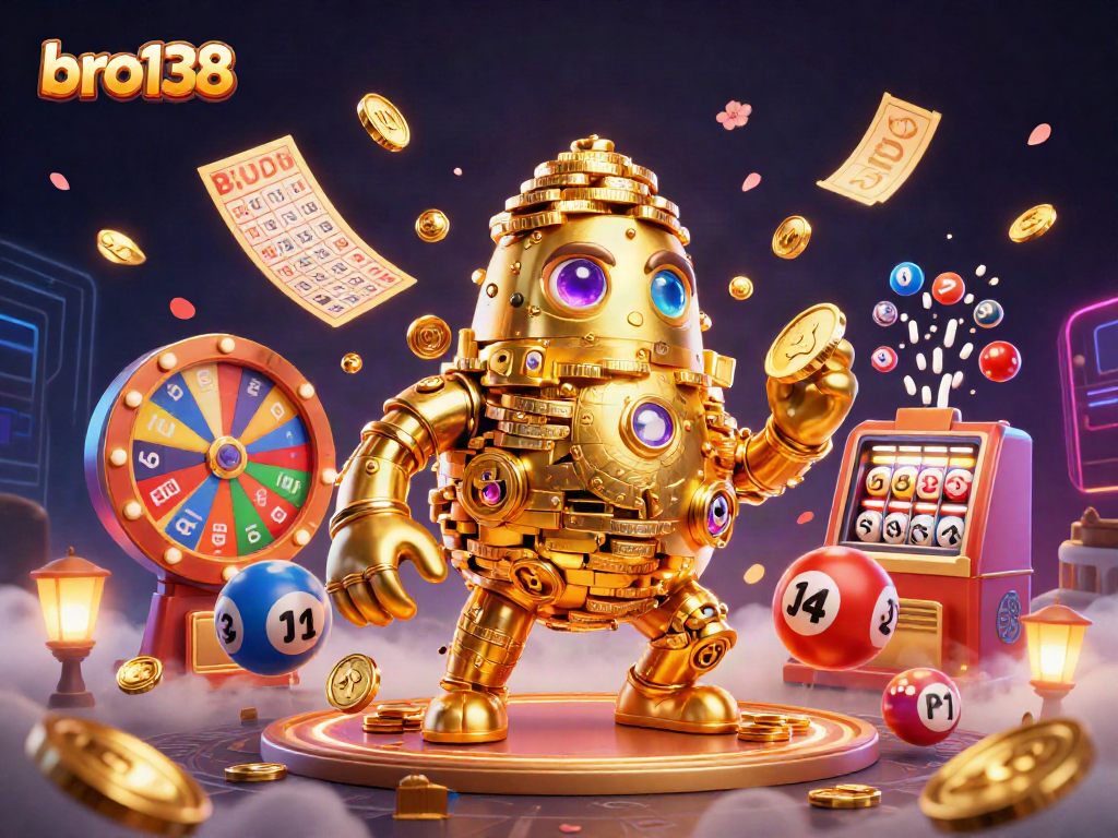 Engage with bro138's golden golem amidst vibrant lottery and casino elements in this dynamic casino illustration.