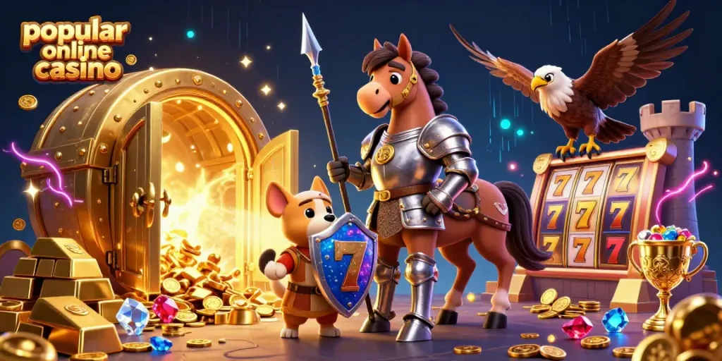 Immerse in the vibrant action of a popular online casino with cartoon characters and dazzling treasures.