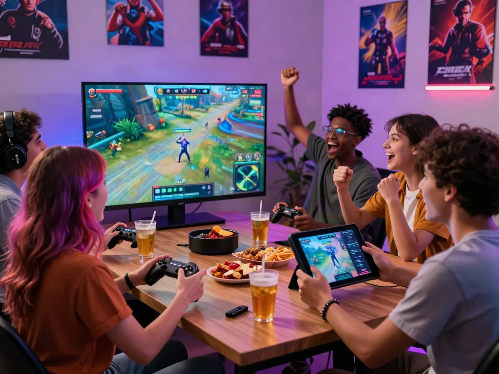Diverse group enjoying a multiplayer porn game night, with lively interaction and an inviting atmosphere.