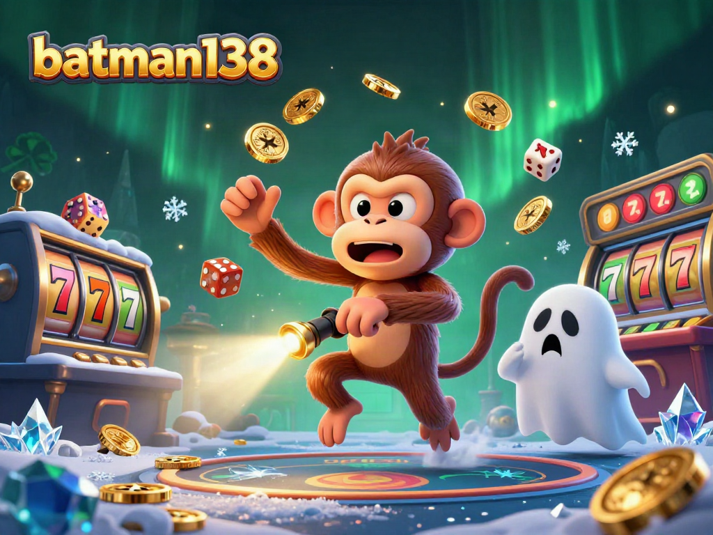 Capture the excitement of batman138 with a playful poltergeist monkey juggling in a haunted casino