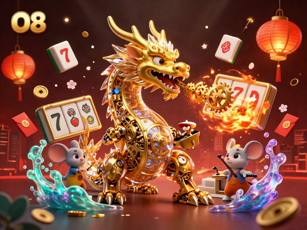 Spin the thrilling O8 slot reels with a captivating golden dragon and vibrant casino elements.