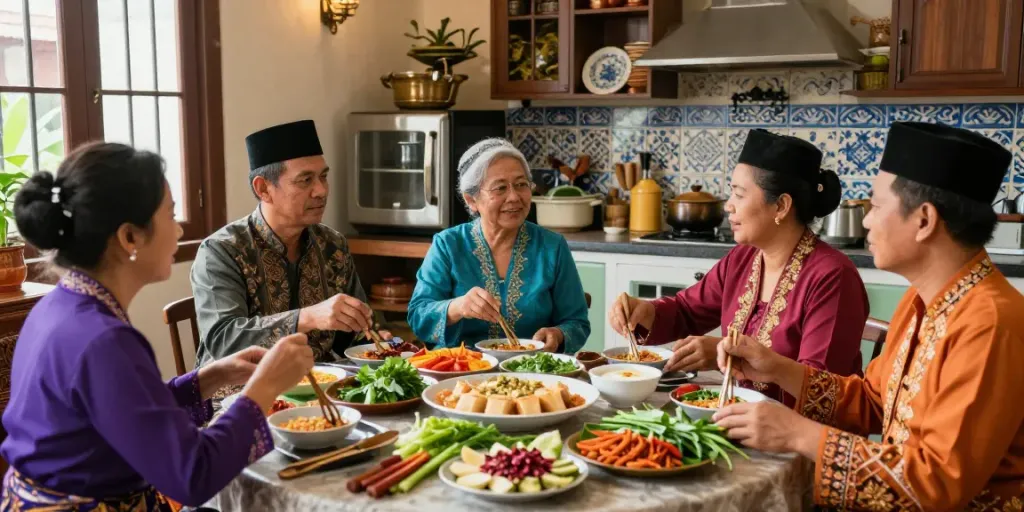 Nyonya4D cultural gathering with traditional dishes and vibrant Peranakan attire