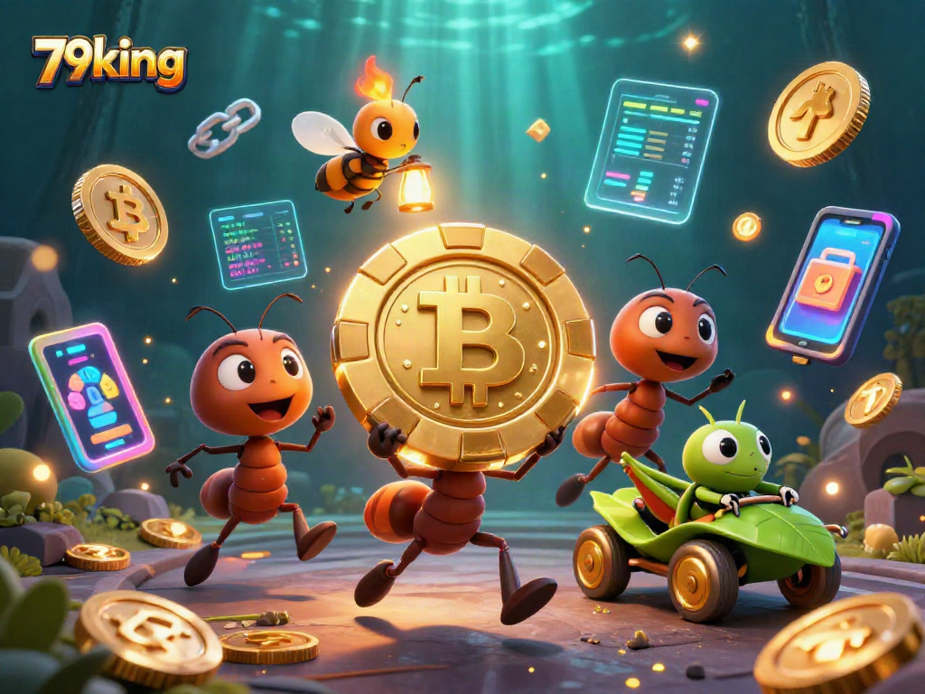 Navigate the exciting world of 79king with cartoon ants heisting a giant poker chip in a vibrant casino scene.