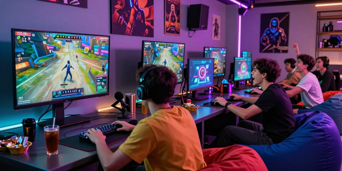 Lingkungan bermain game online luxury111 dengan teman-teman di ruang modern yang cerah.