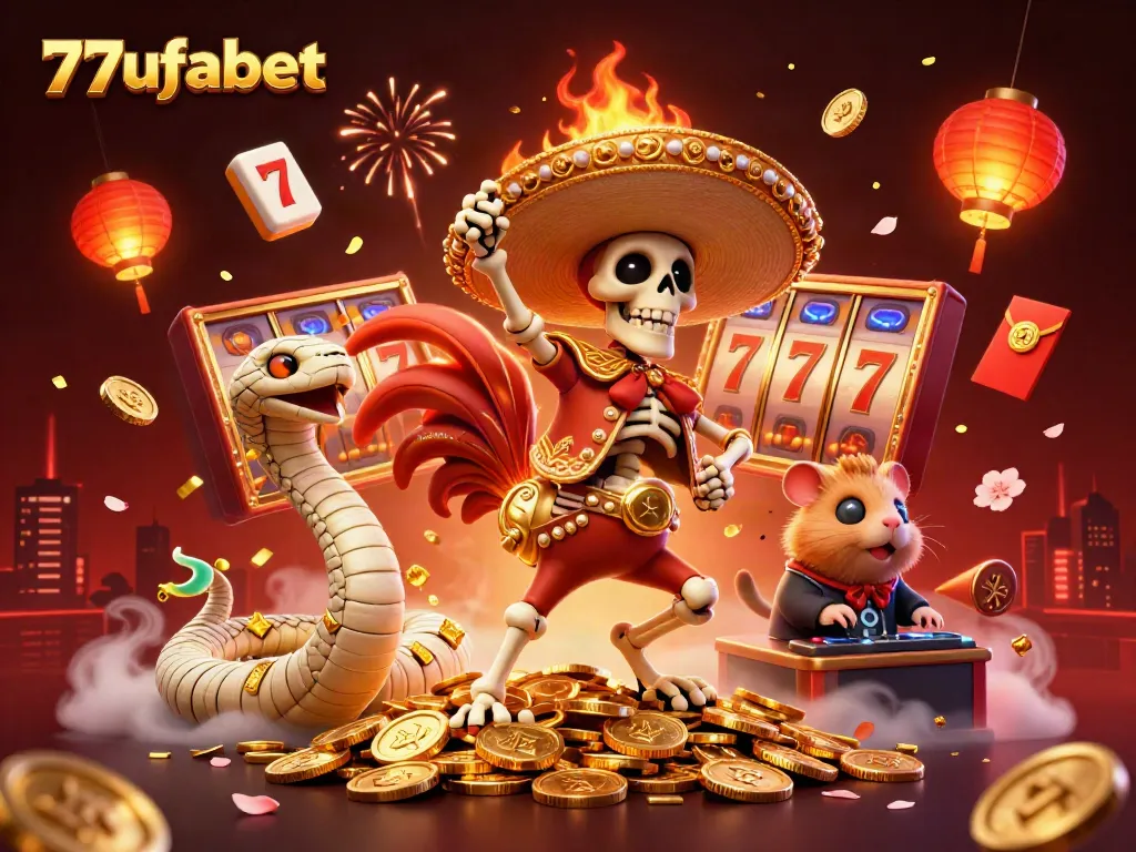 Experience the excitement at 77ufabet with vibrant gaming characters and dynamic casino elements.