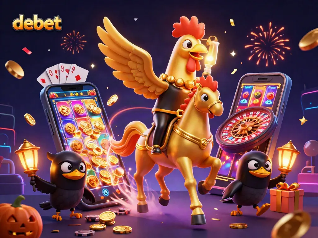 Join the excitement at Debet's midnight casino, where golden characters celebrate with vibrant gaming elements.