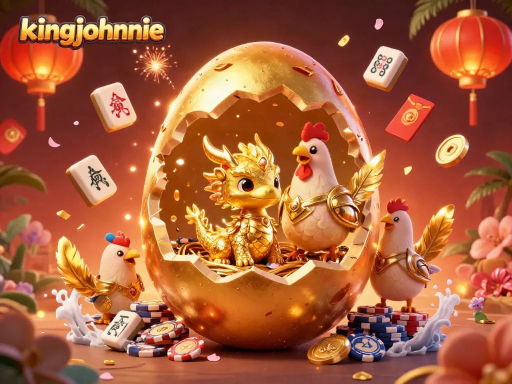 Join the fun at kingjohnnie Casino with a golden dragon and poker chips in a vibrant scene.