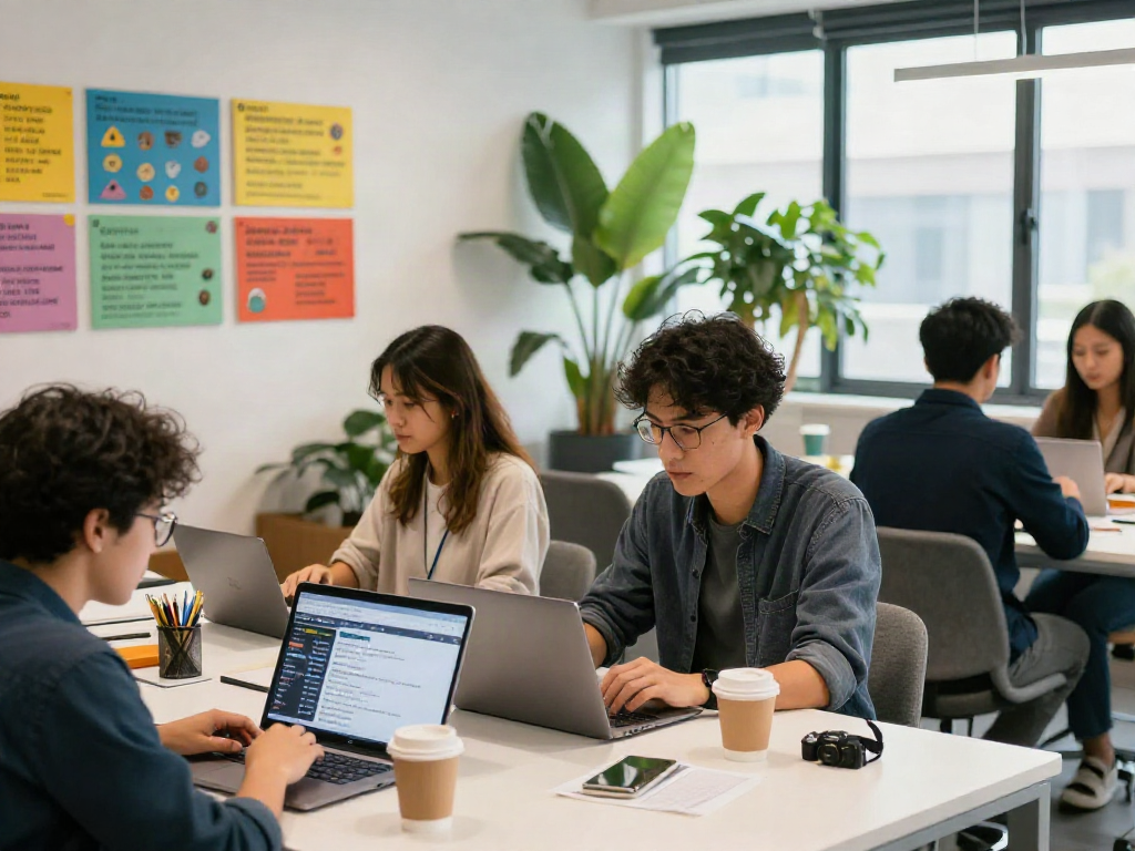 Job seekers exploring หางาน opportunities in a vibrant co-working space.