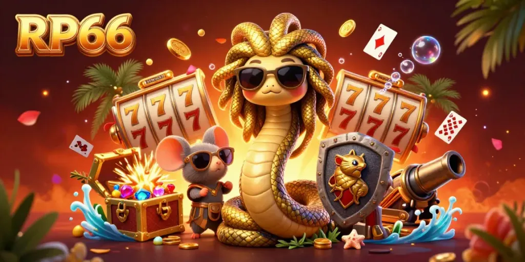 Engage in thrilling gameplay with RP66, featuring Medusa and a warrior mouse amid vibrant slot reels and treasure.