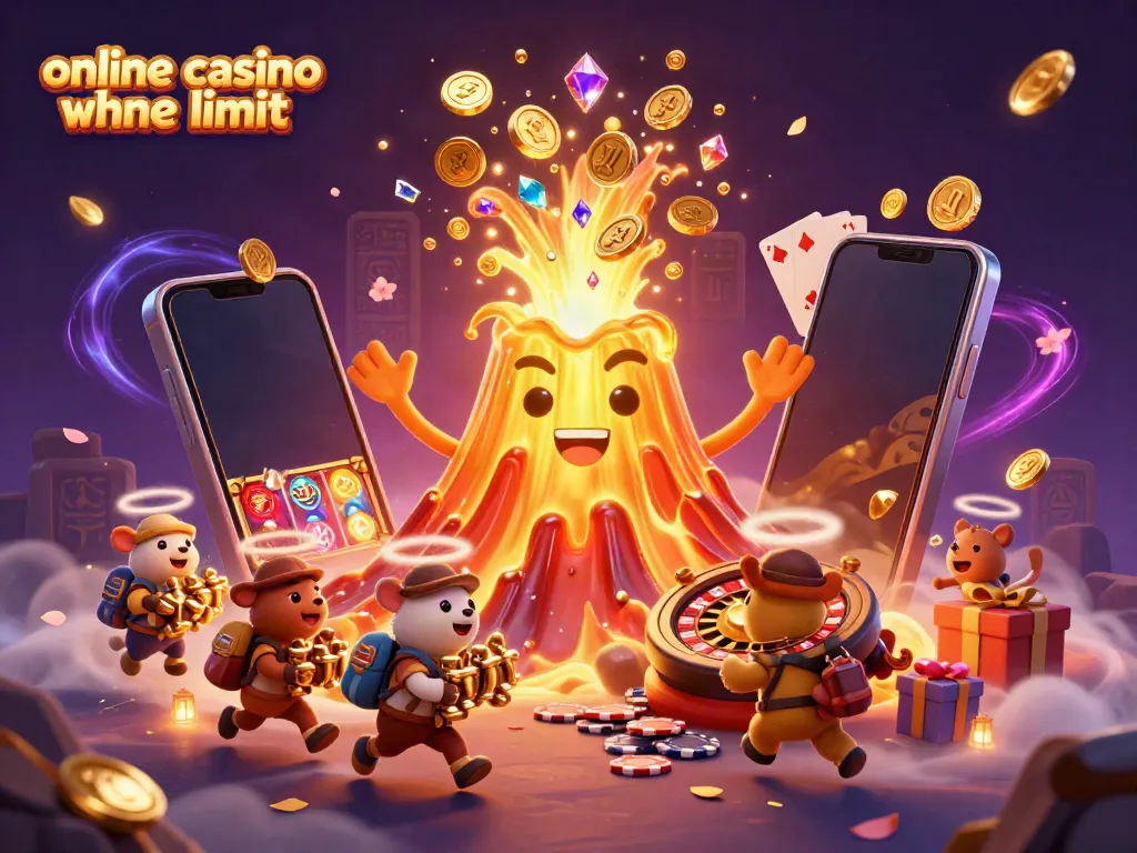 Experience the thrilling excitement of an online casino ohne limit amidst a golden volcano eruption in this dynamic 3D scene.