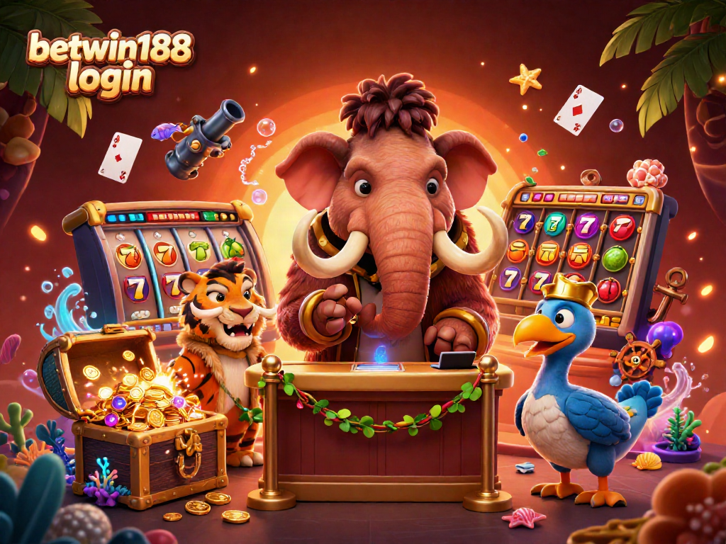 Engage with the vibrant betwin188 login scene showcasing a woolly mammoth bouncer and exotic characters for an exciting casino experience.