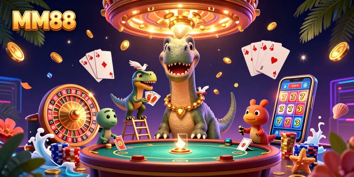 Engaging MM88 casino illustration with a dinosaur and raptor dealing cards amid sparkling casino elements.
