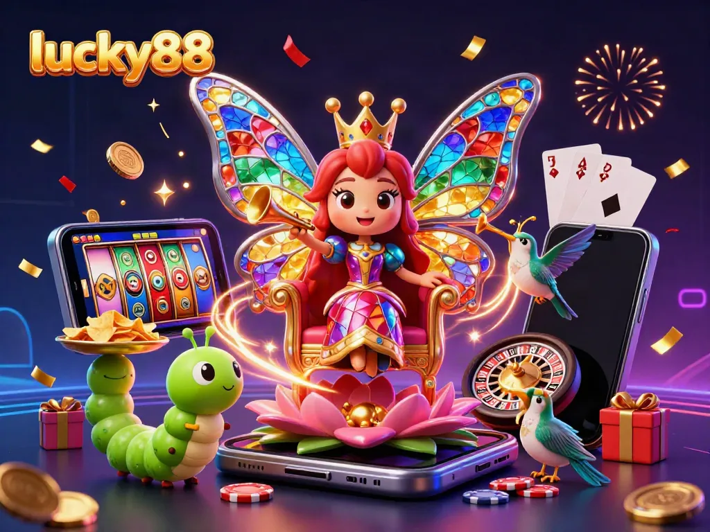 Experience the vibrant world of lucky88 with a dazzling scene of a butterfly queen, chips, and games.