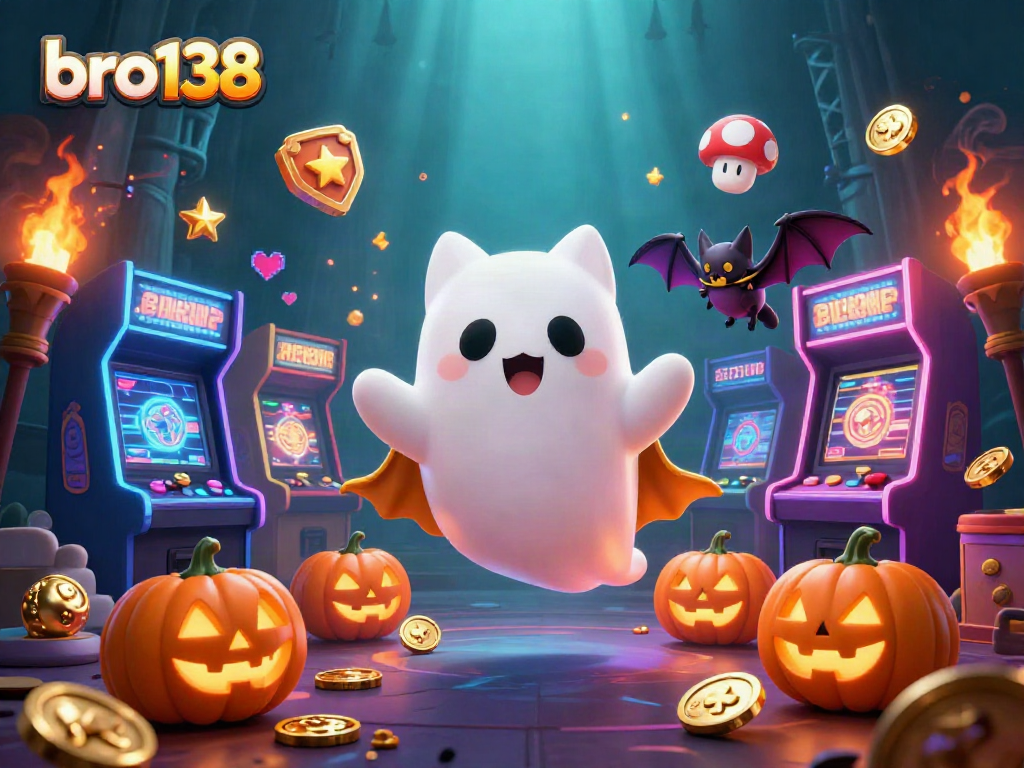 Engage with bro138's vibrant casino experience featuring a friendly ghost cat and glowing gaming elements.