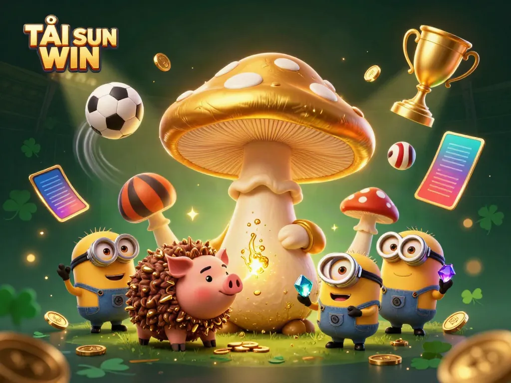 TẢI SUN WIN featuring a golden mushroom wizard and treasure-seeking pig in an enchanting casino scene.