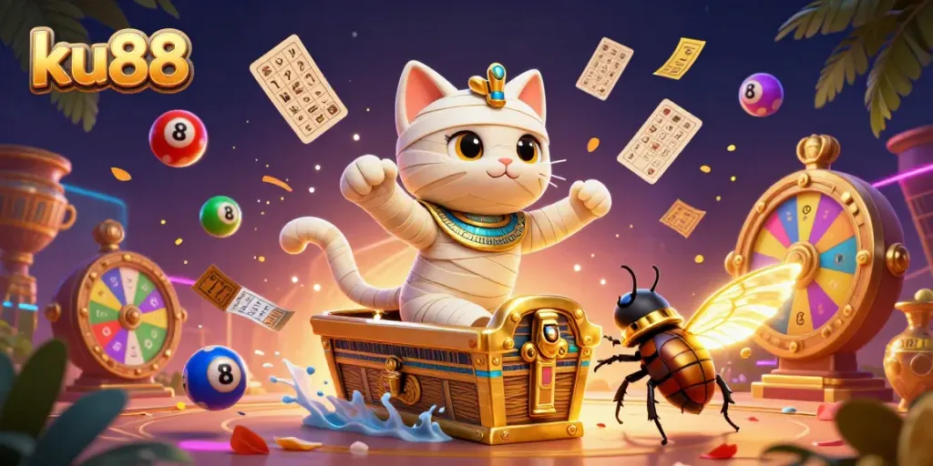 Play thrilling games at ku88 with an exciting Egyptian mummy cat surrounded by vibrant casino elements.
