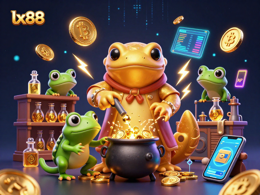 Experience the vibrant lx88 scene featuring alchemists and cryptocurrencies amidst a dazzling casino backdrop.