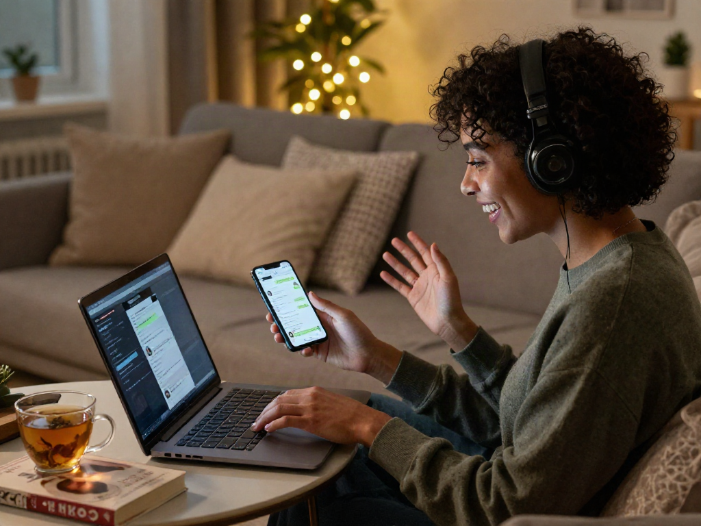 Engaging in a sex ai chat on a laptop in a cozy room, showcasing connection.