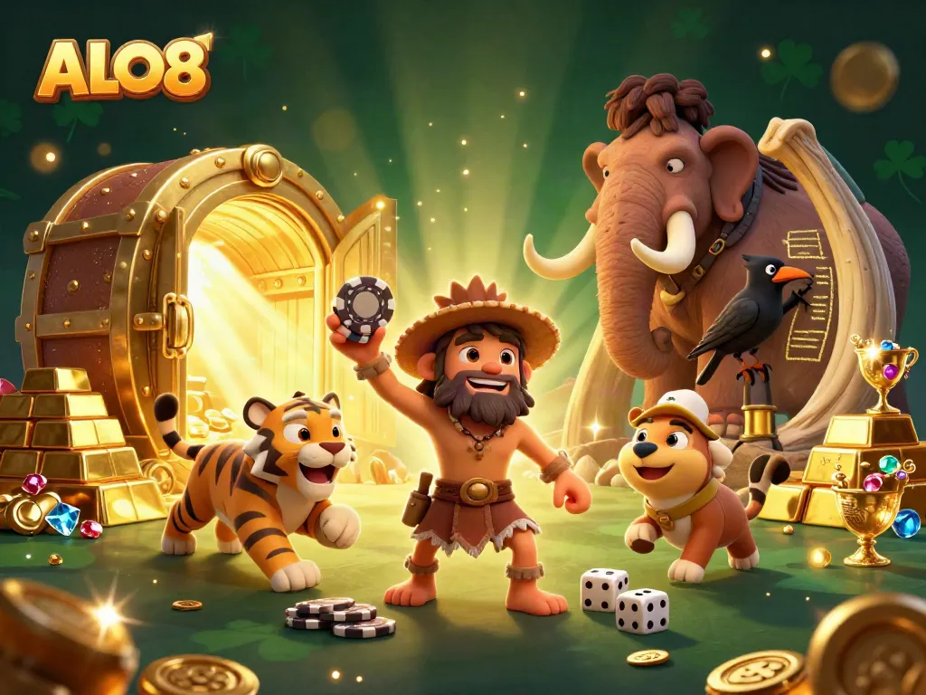 Experience the lively ALO8 casino with a caveman, sabertooth tiger, and a clever crow illustrating their thrilling gaming adventures.