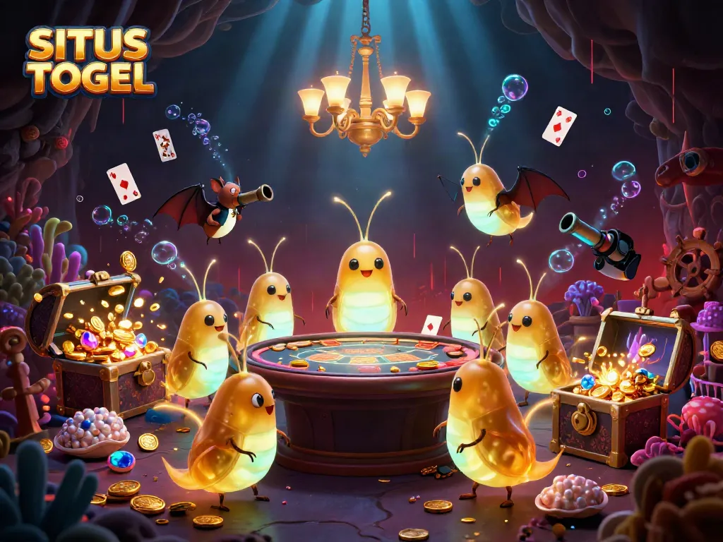 Ilustrasi 3D Situs Togel dengan cacing cahaya menyinari kasino gua, menampilkan pengalaman bermain yang cerah.